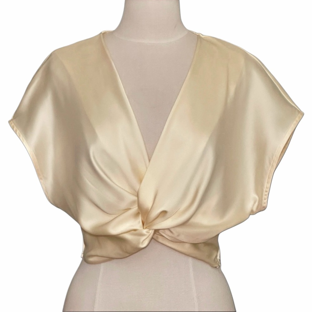House of Harlow Satin Twist-Front Crop Top in Pale Champagne